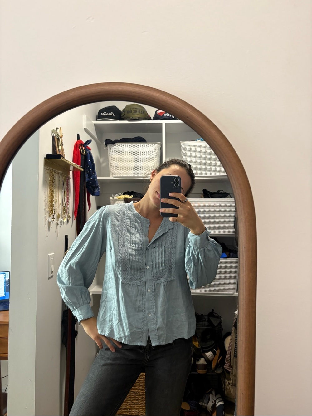 Rachel Zoe Light Blue Pintuck Button-Down Peasant Blouse